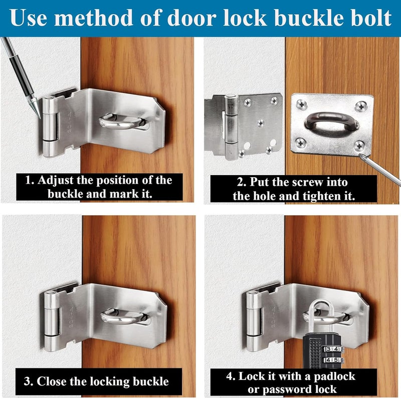 Sunxeke 4 Inch Door Locks Hasp Latch 90 Degree 2 Pack,304 Stainless Steel Safety Padlock Clasp Hasp Lock Latch with Combo Lock & Padlock,Heavy Duty Gate Latch Lock with Screws - Image 4